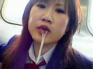 Japanese schoolgirl gets fucked on a train during an exhibition in Tokyo, with X-rated bathroom sex video